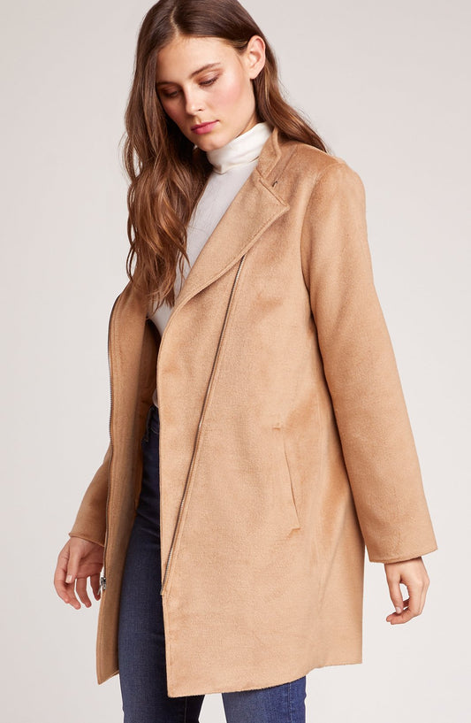 Camel Faux Suede Asymmetric Zip Coat