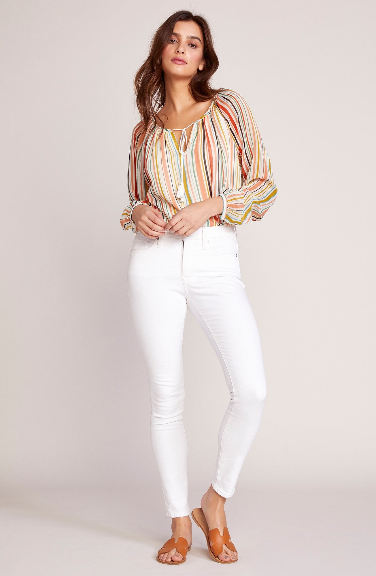 Striped Tassel Tie Peasant Blouse