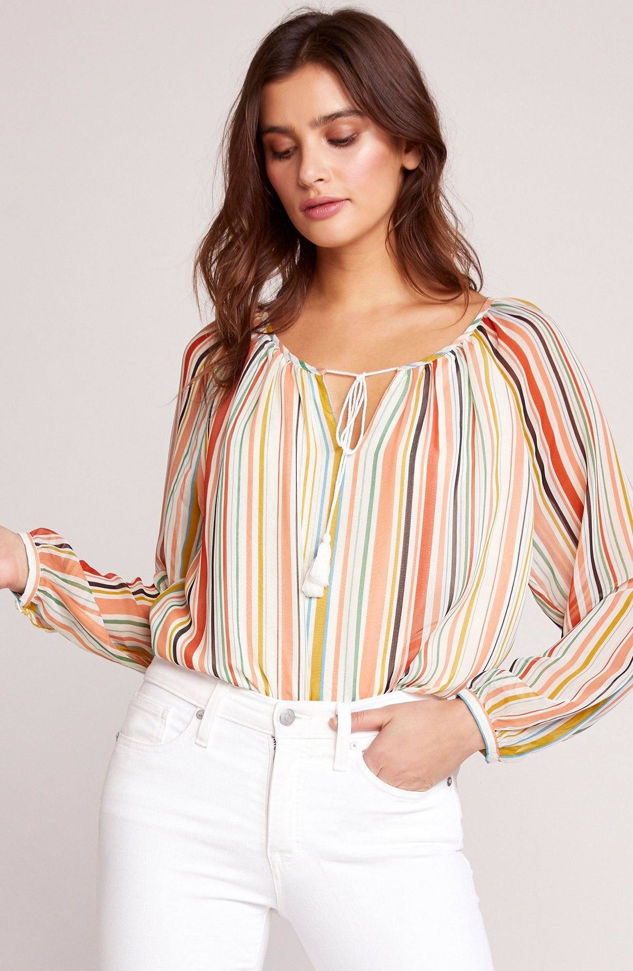 Striped Tassel Tie Peasant Blouse