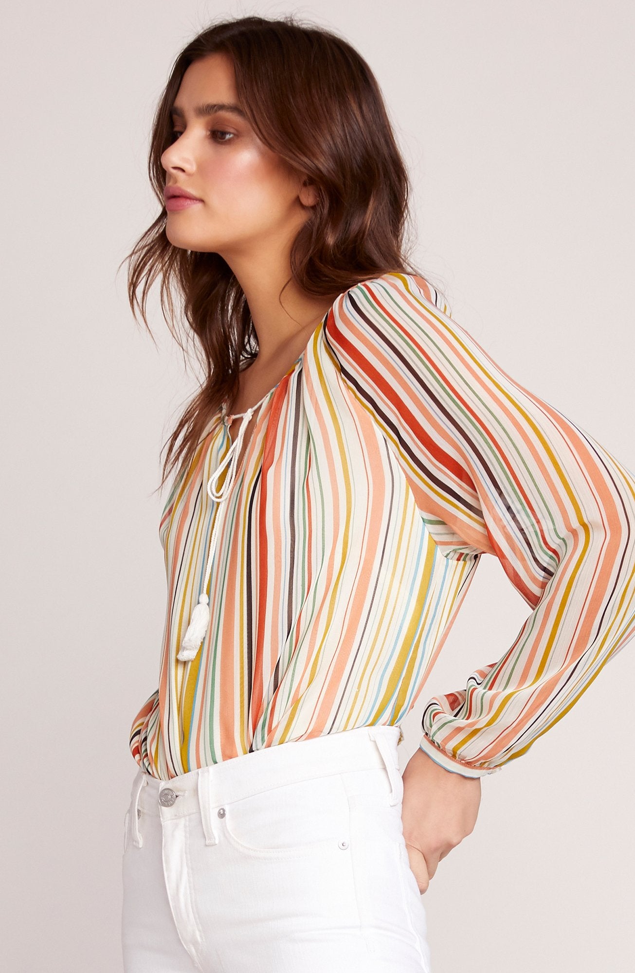 Striped Tassel Tie Peasant Blouse