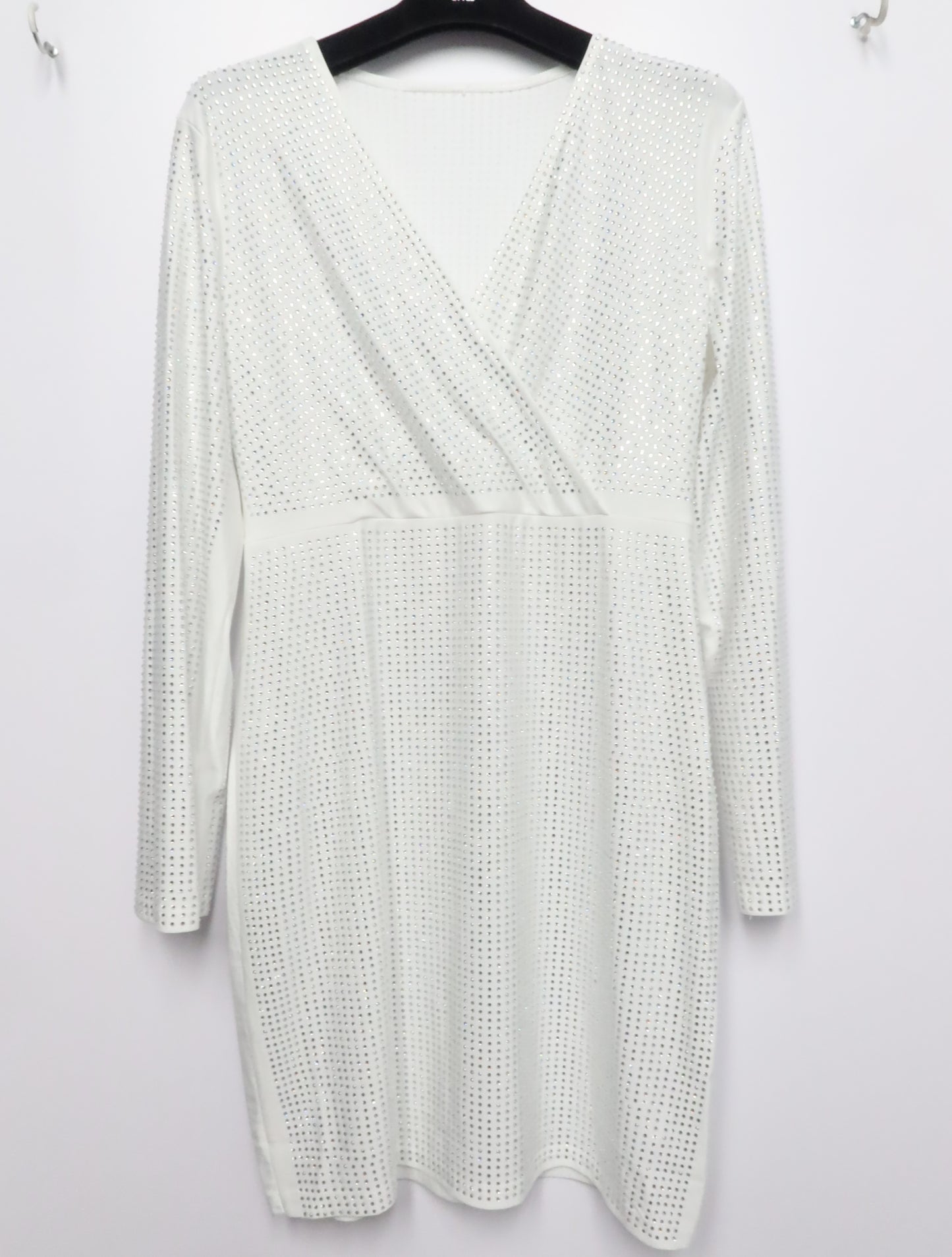 White Long Sleeve Rhinestone Wrap Mini Dress