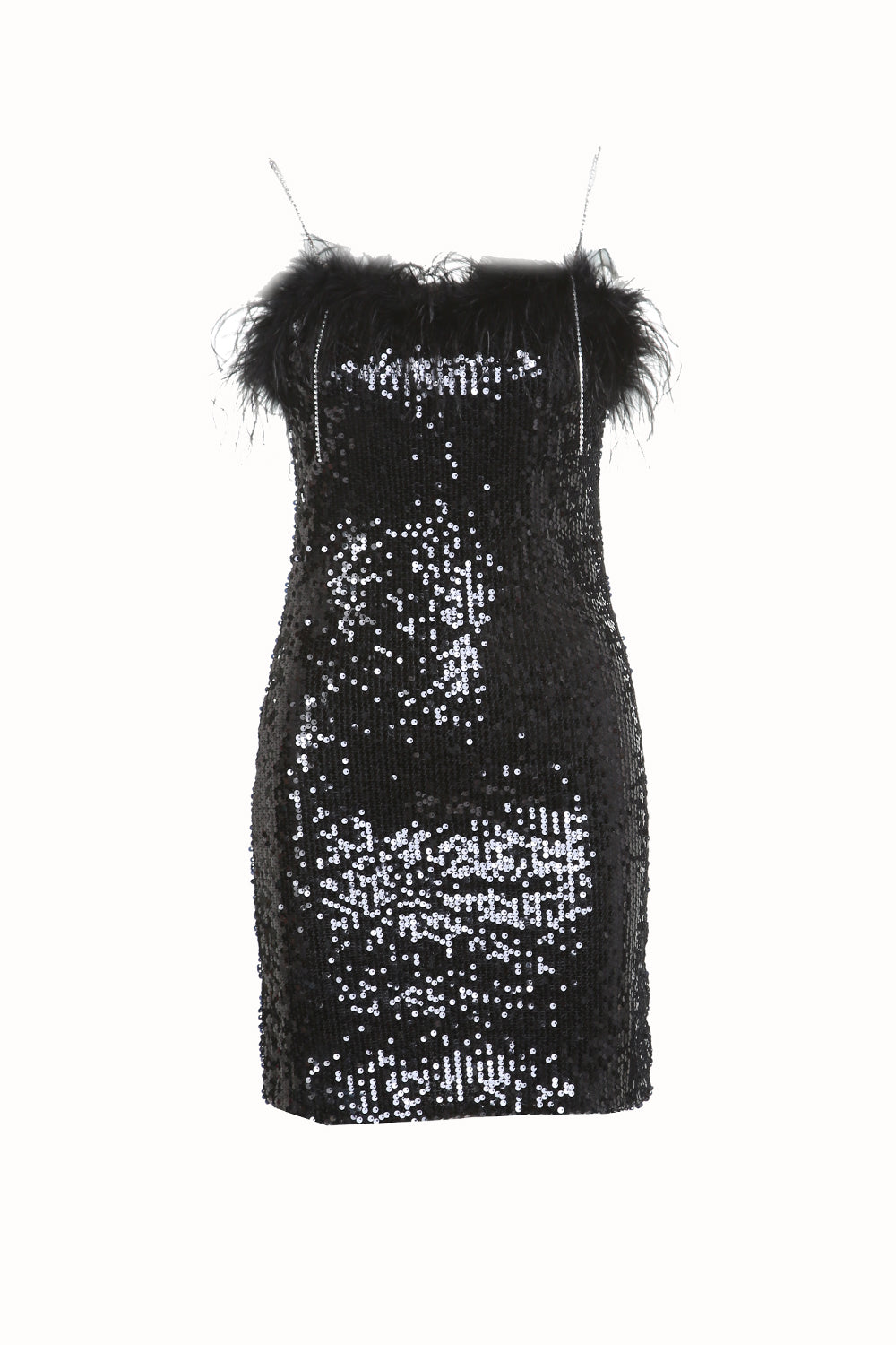 Sequin Feather Rhinestone Mini Dress - Black