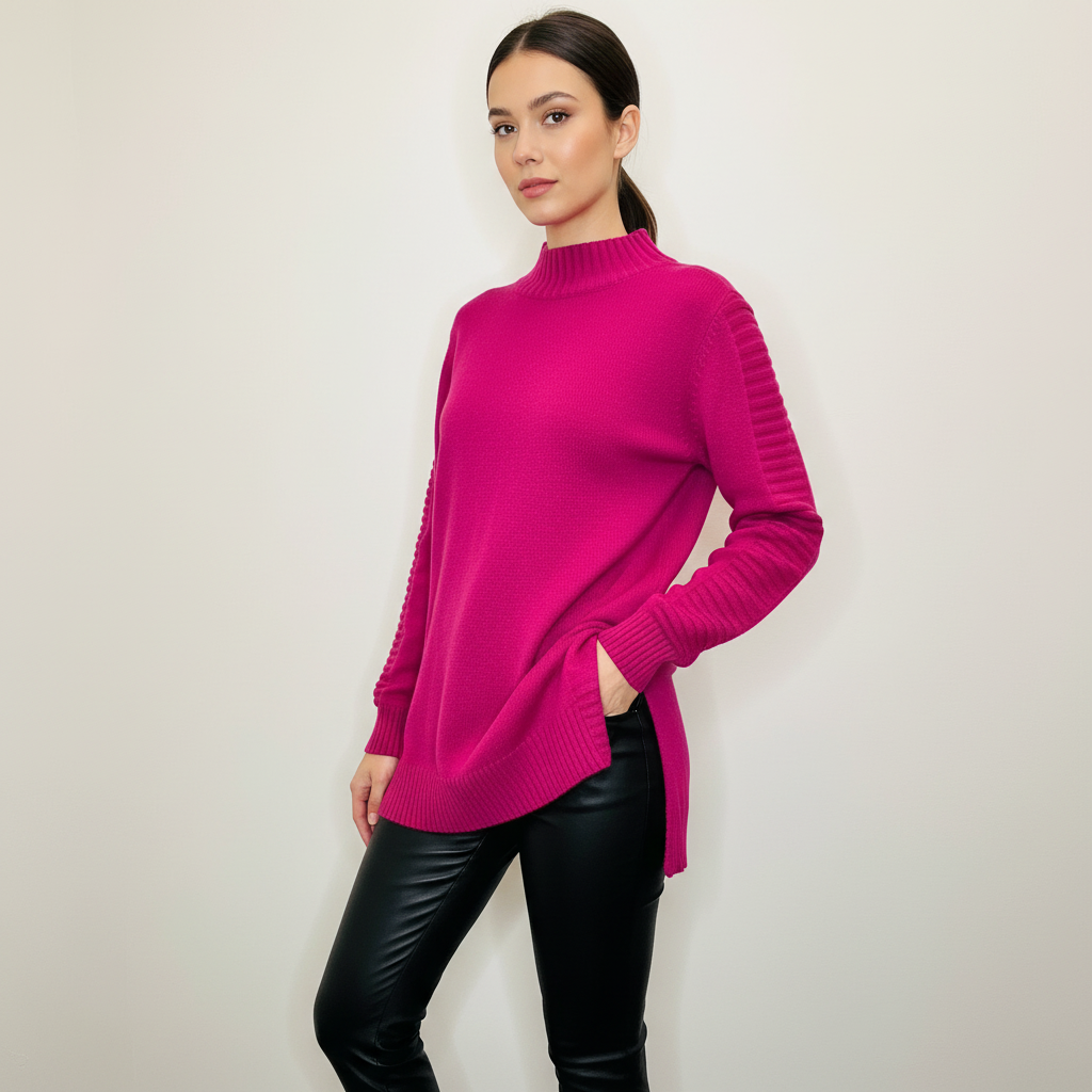 Woman wearing vibrant magenta ribbed tunic sweater with mock turtleneck and black leather pants in minimal setting
