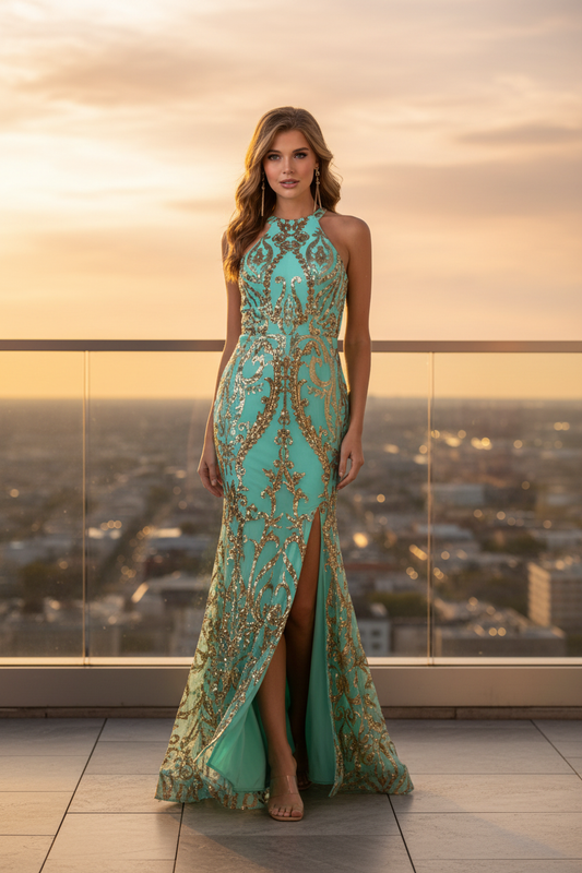 Mint green gold sequin baroque halter gown editorial reel – mermaid formal dress shimmering on luxury rooftop at golden hour