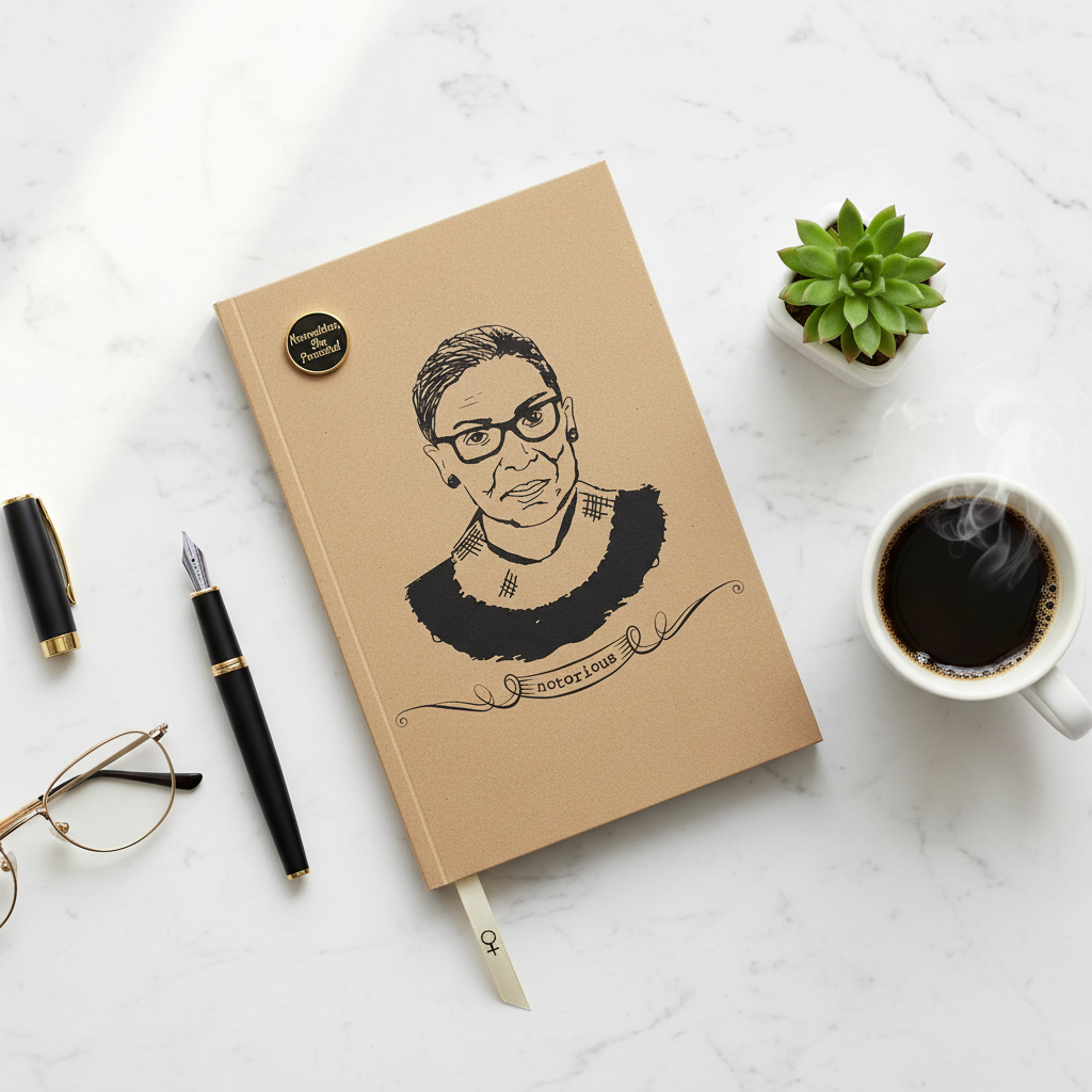 Overhead flat lay of Notorious RBG kraft notebook surrounded by pen, reading glasses, succulent plant, and coffee cup on white surface