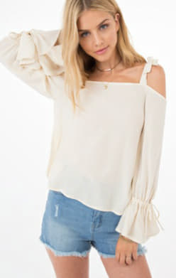 Cream Cold Shoulder Blouse with Ruffle Sleeves