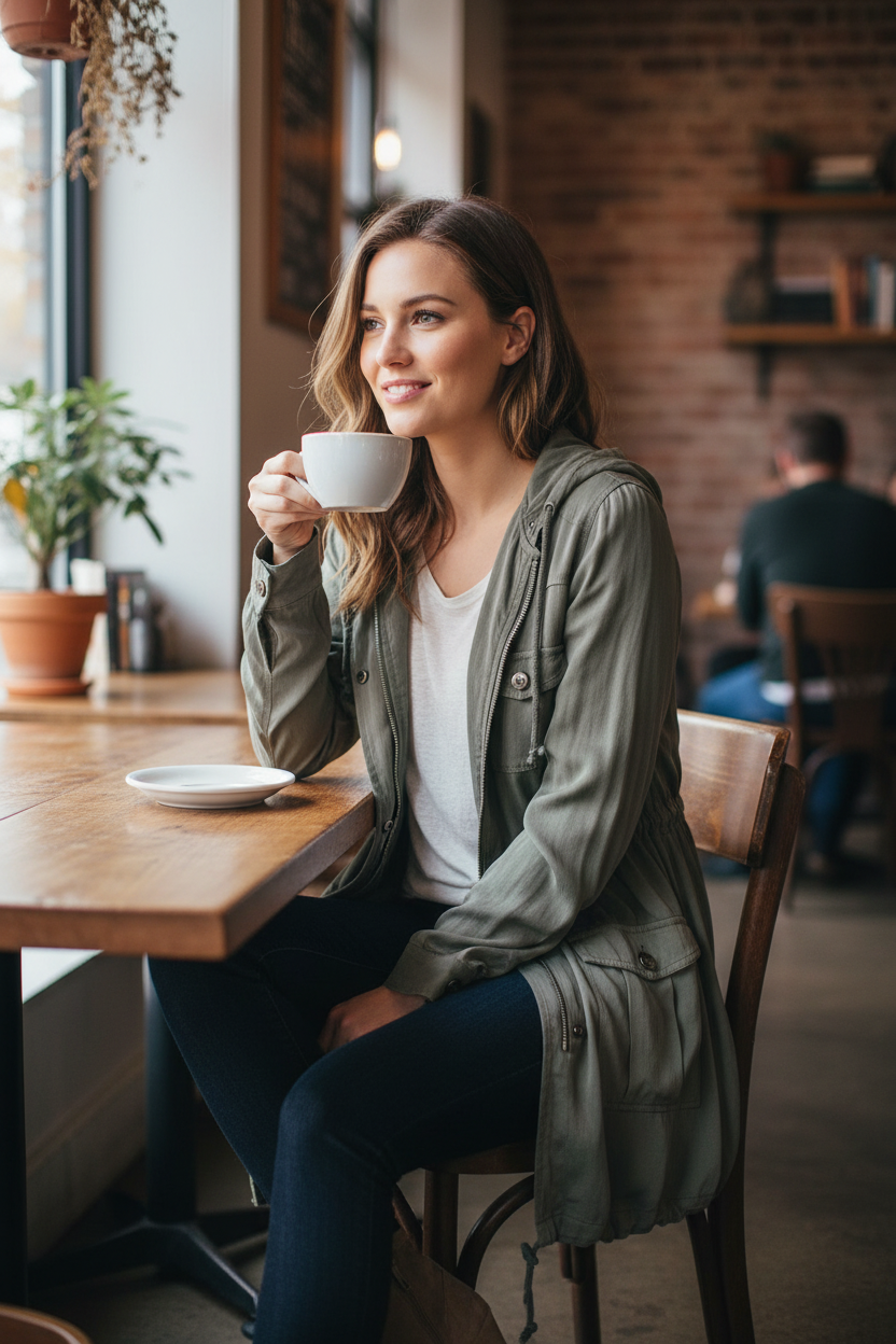 Woman wearing olive green hooded utility jacket open over white tee at coffee shop, casual everyday styling with relaxed fit and cargo pockets visible