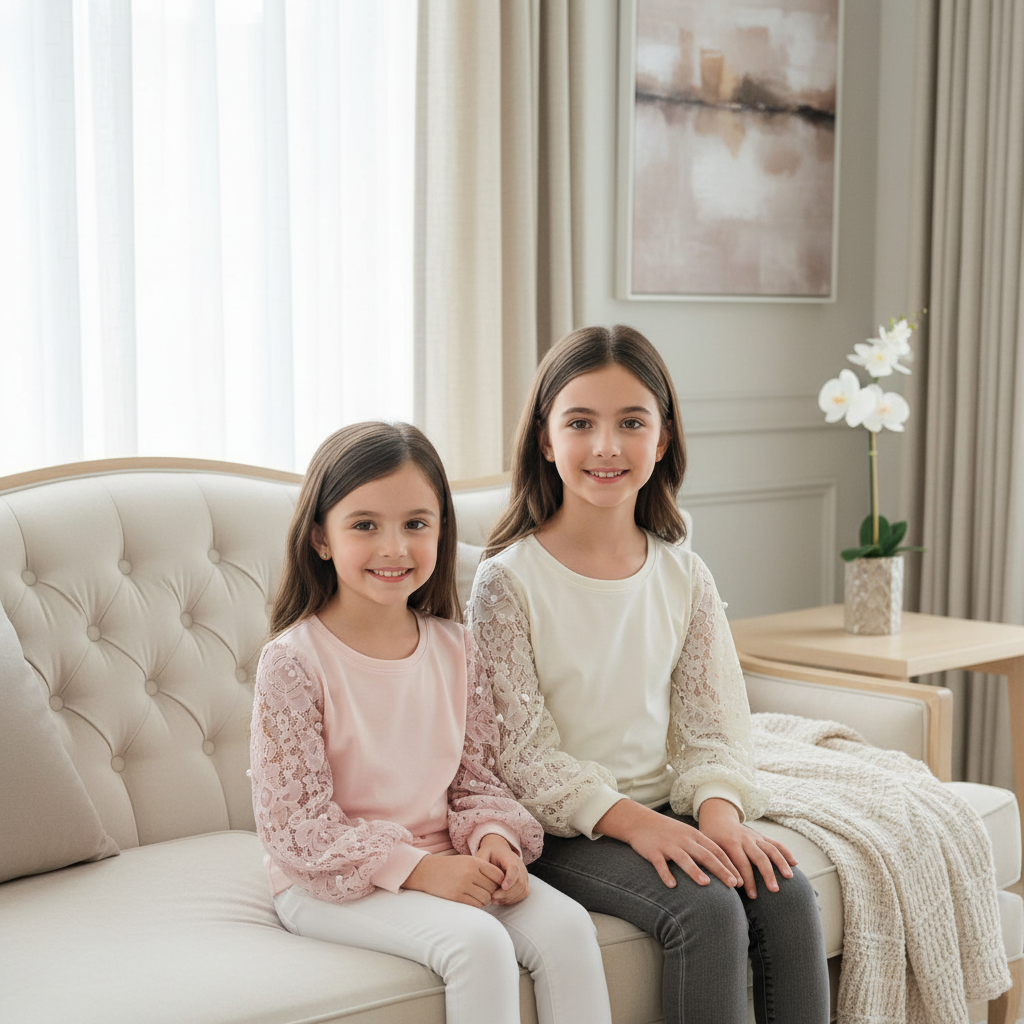 wo young sisters wearing pearl and lace lantern sleeve tops in cream and pink sitting on elegant couch in chic living room