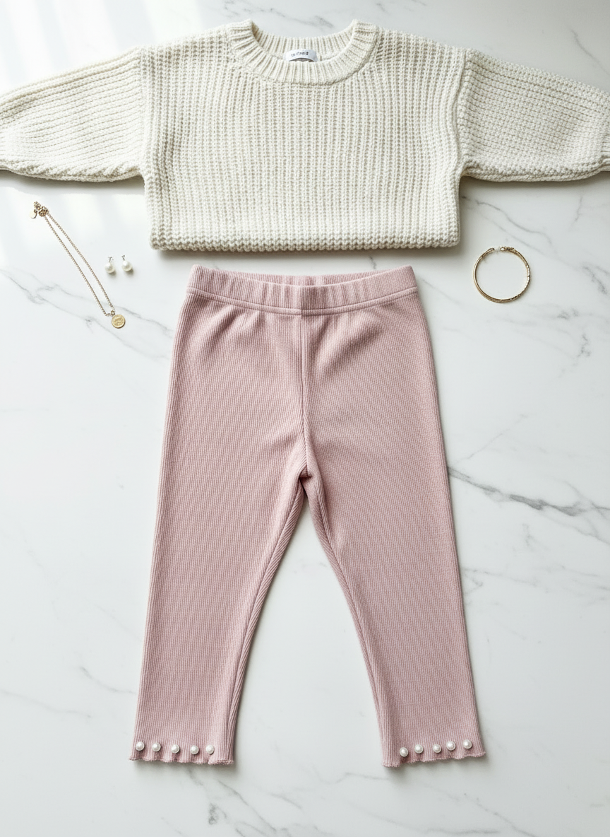Flat lay of dusty rose pink ribbed leggings showing pearl-adorned scalloped hem detail with cream sweater
