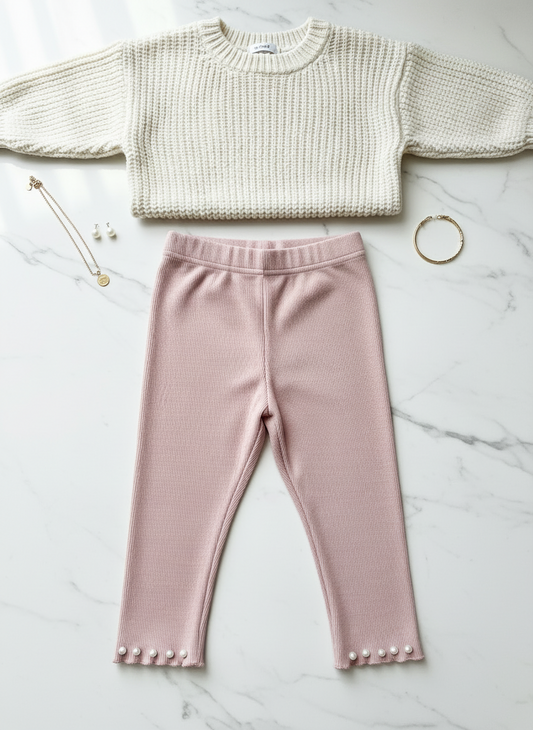 Flat lay of dusty rose pink ribbed leggings showing pearl-adorned scalloped hem detail with cream sweater