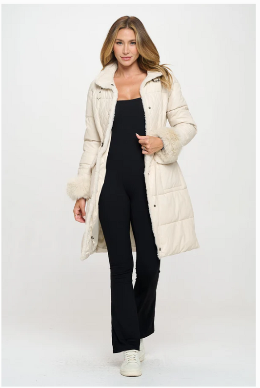 Chalet Chic Quilted Puffer Trench w/Faux Fur Cuff
