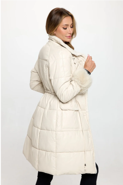 Chalet Chic Quilted Puffer Trench w/Faux Fur Cuff