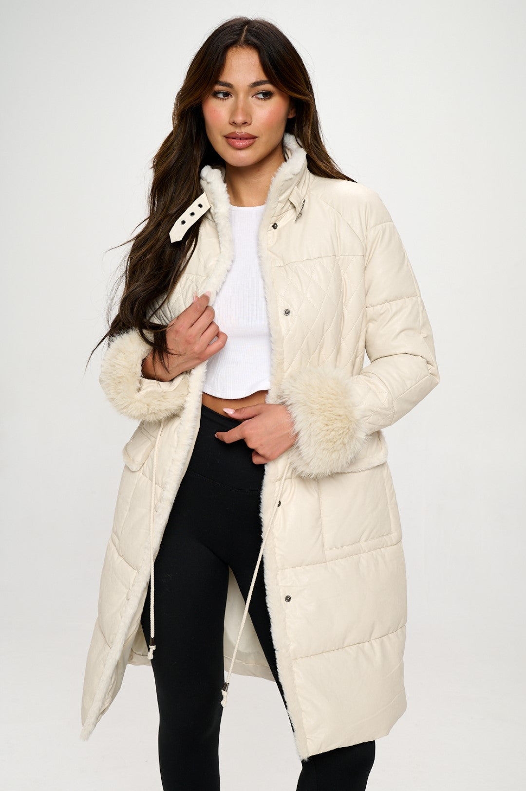 Chalet Chic Quilted Puffer Trench w/Faux Fur Cuff