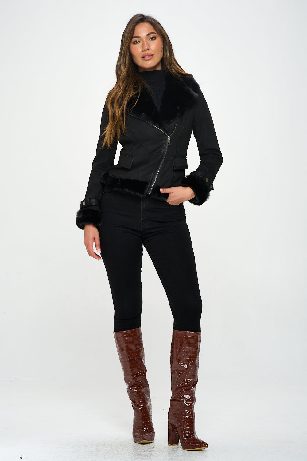 Vegan Suede Faux Shearling Moto Jacket – Cream