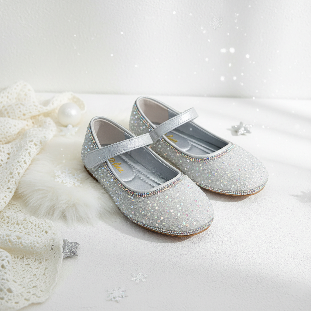 Girls' silver glitter Mary Jane flats styled with white faux fur and winter decorations in elegant white setting