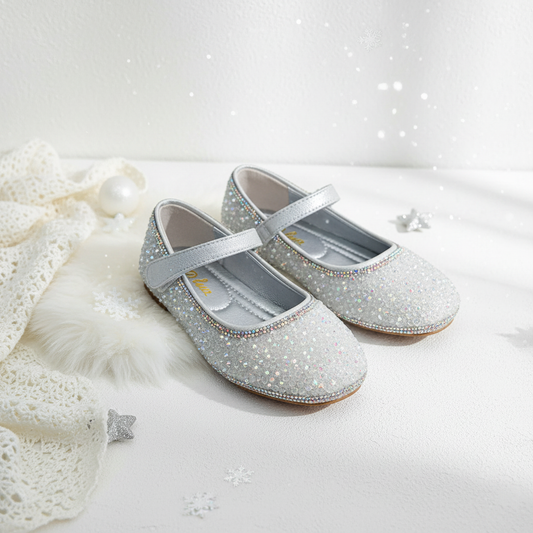 Girls' silver glitter Mary Jane flats styled with white faux fur and winter decorations in elegant white setting