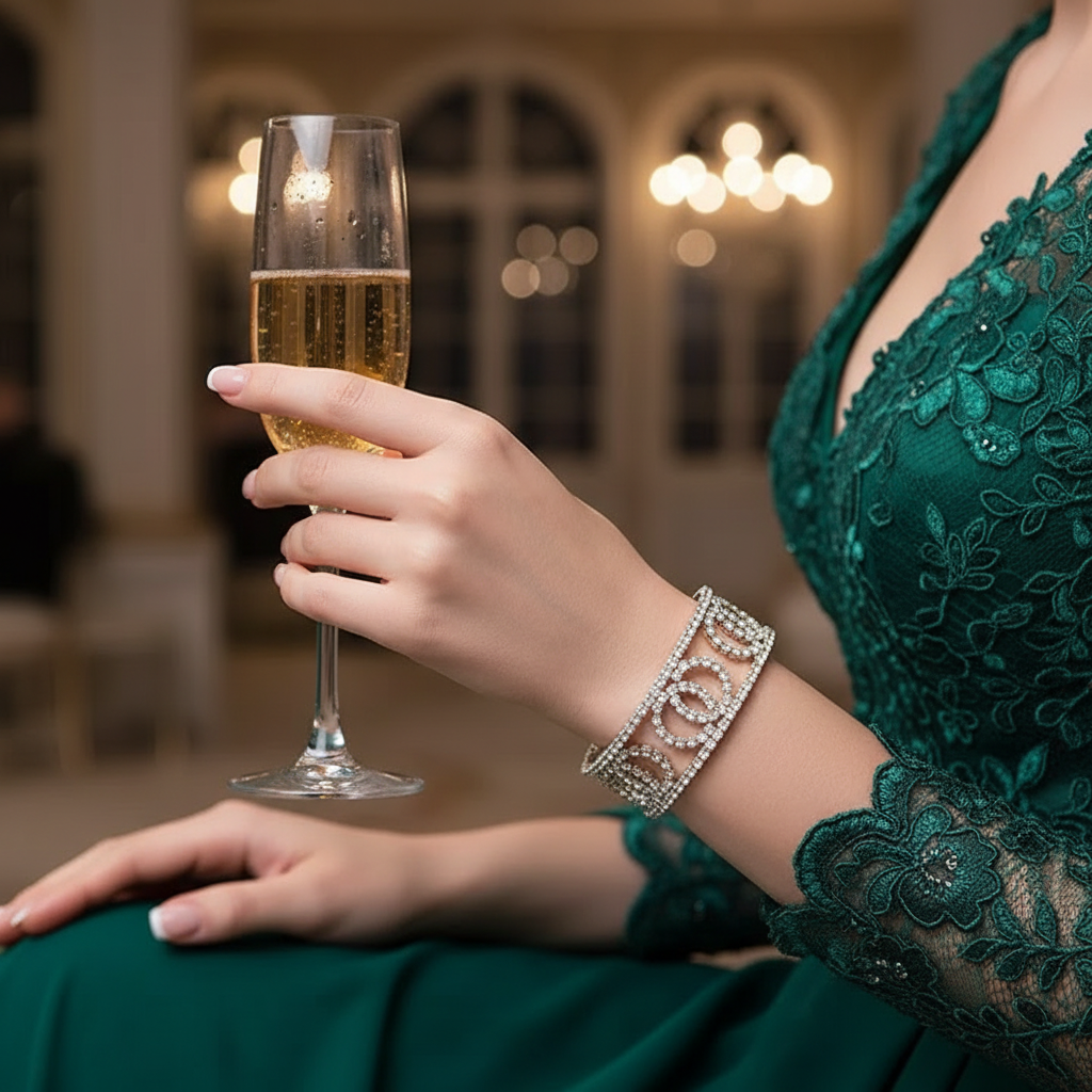 Woman wearing rhinestone interlocking circle cuff bracelet with evening dress, close-up showing crystal pavé sparkle at upscale celebration