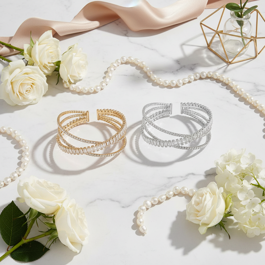 Triple row crystal cuff bracelets in silver and gold with baguette crystals - luxury jewelry flat lay styling
