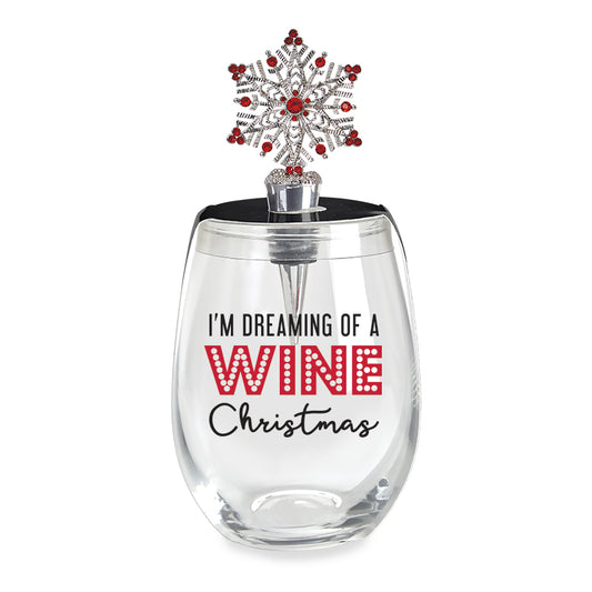 Clear wine glass with 'I'm Dreaming of a Wine Christmas' text and snowflake stopper on a white background