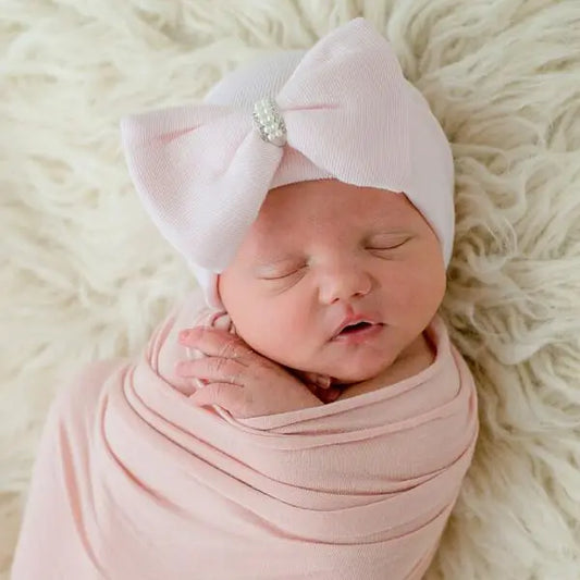 Infant Hospital Hat - Bow w/Pearls (Pink or White)