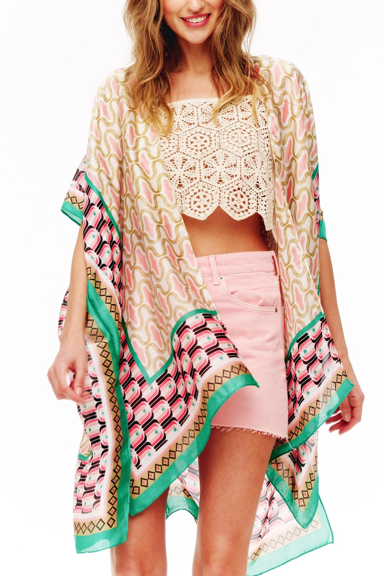 Abstract Geo Print Kimono Cover-Up with Contrast Trim