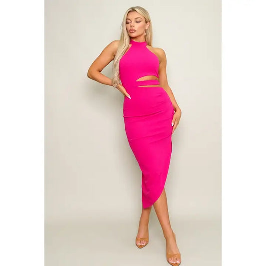 High Neck Midi Dress with Side Cutout Fuchsia