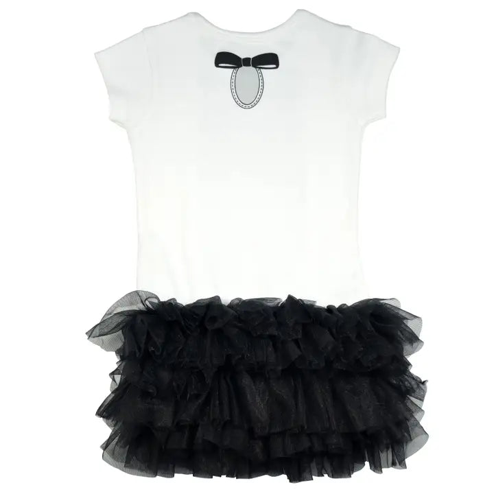 Back view of 9-month black and white tutu bodysuit showing bow graphic creating keyhole neckline effect with tiered black tulle ruffled skirt