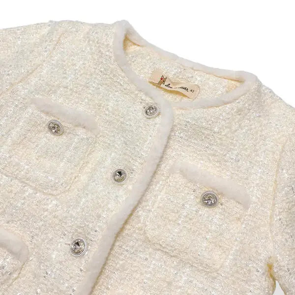 Girls' Fur Trim Tweed Jacket - Ivory