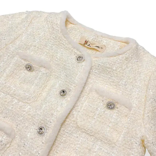 Girls' Fur Trim Tweed Jacket - Ivory