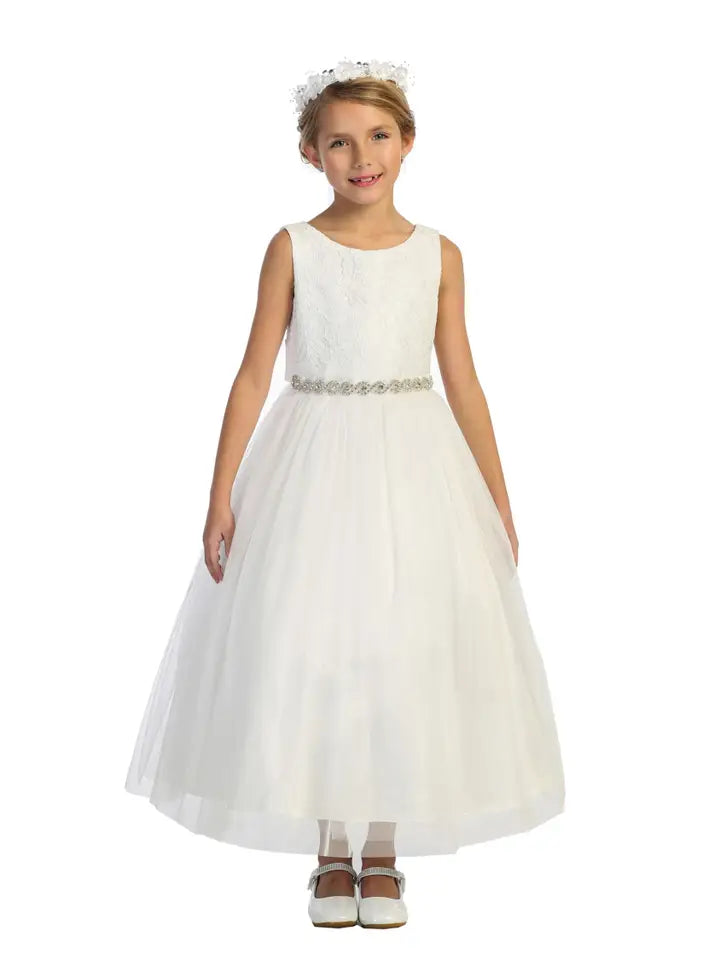 Girls' Lace Top Glitter Tulle Gown w/Back Cut-Out