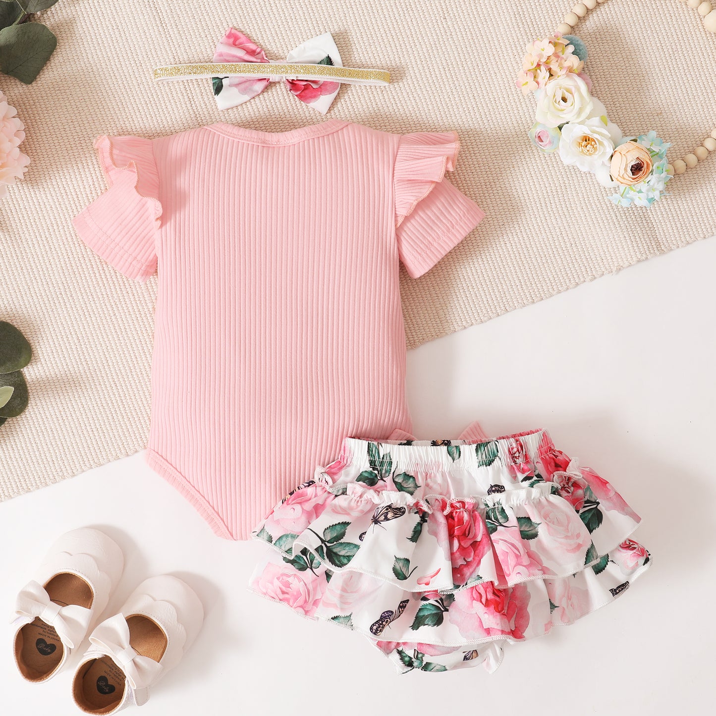 Ribbed 3pcs Letter Embroidery Short-sleeve Romper & Shorts