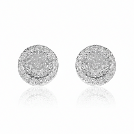 White Gold Plated CZ Halo Stud Earrings – Elegant Everyday Sparkle