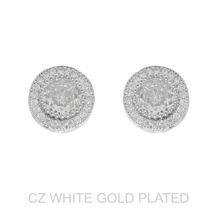White Gold Plated CZ Halo Post Stud Earrings