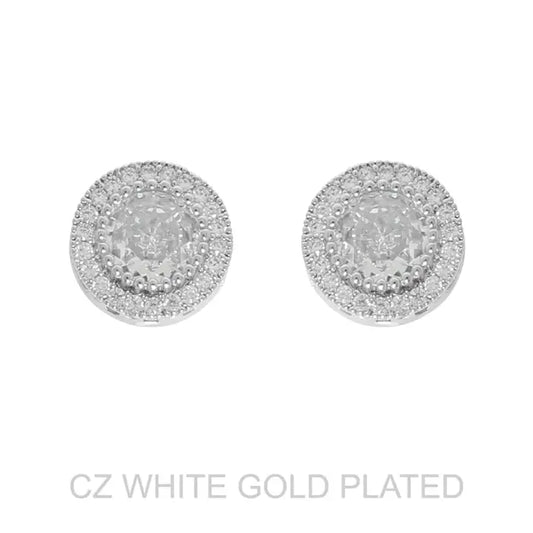 White Gold Plated CZ Halo Post Stud Earrings