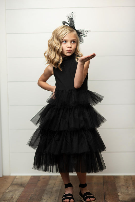 Girls' Black Tiered Tulle Party Dress with Ruffle Collar