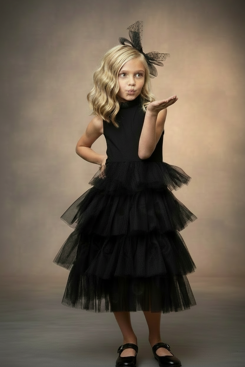 Girls Black Tiered Tulle Party Dress | Ruffle Collar Special Occasion Dress   Pinktini Fashion