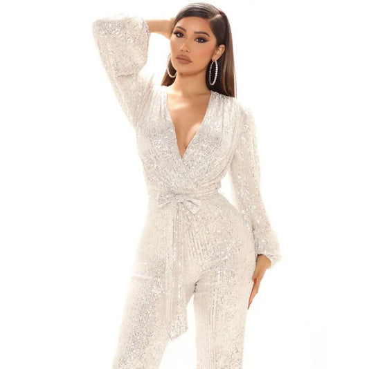 V-Neck Allover Sequin Jumpsuit