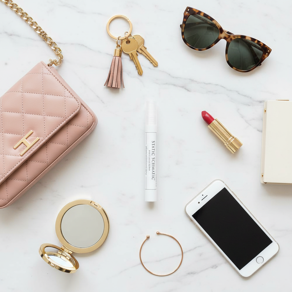 Overhead flat lay of purse-size anti-static spray with handbag and essentials - compact travel size beauty product styling photography