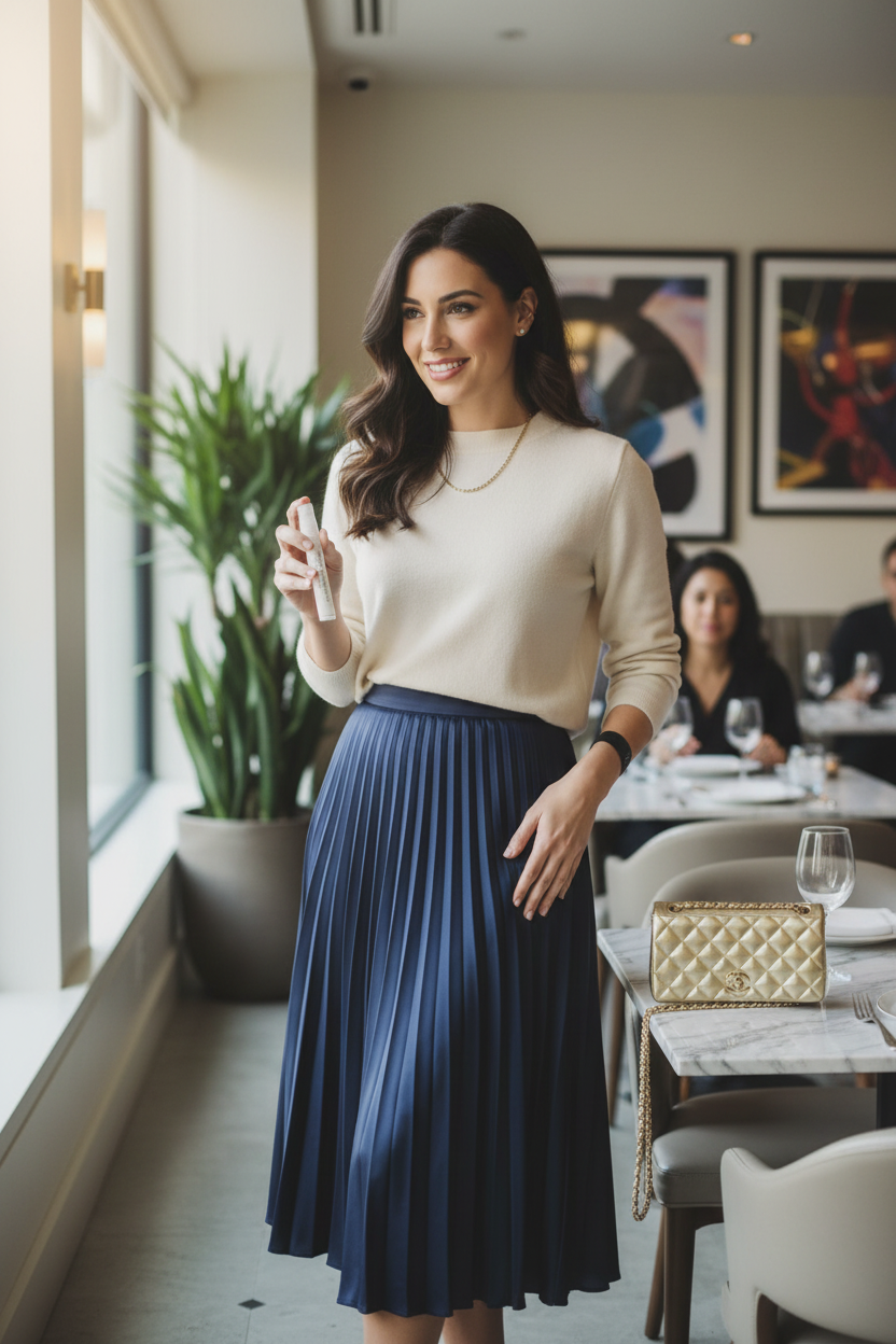 Woman using purse-size anti-static spray on dress for static cling relief - portable static eliminator in action lifestyle photography