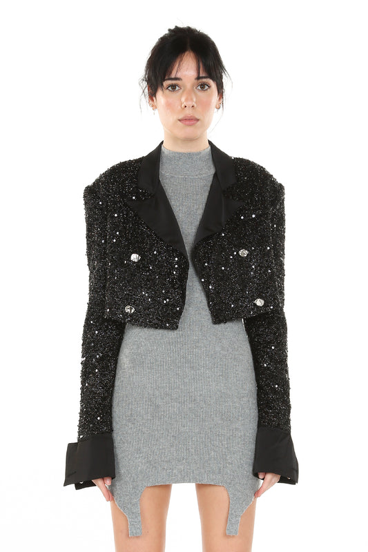 Black Sequin Crop Blazer Jacket