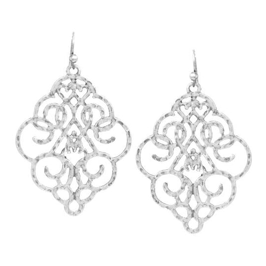 Textured Metal Filigree Drop Earrings - Worn Silver