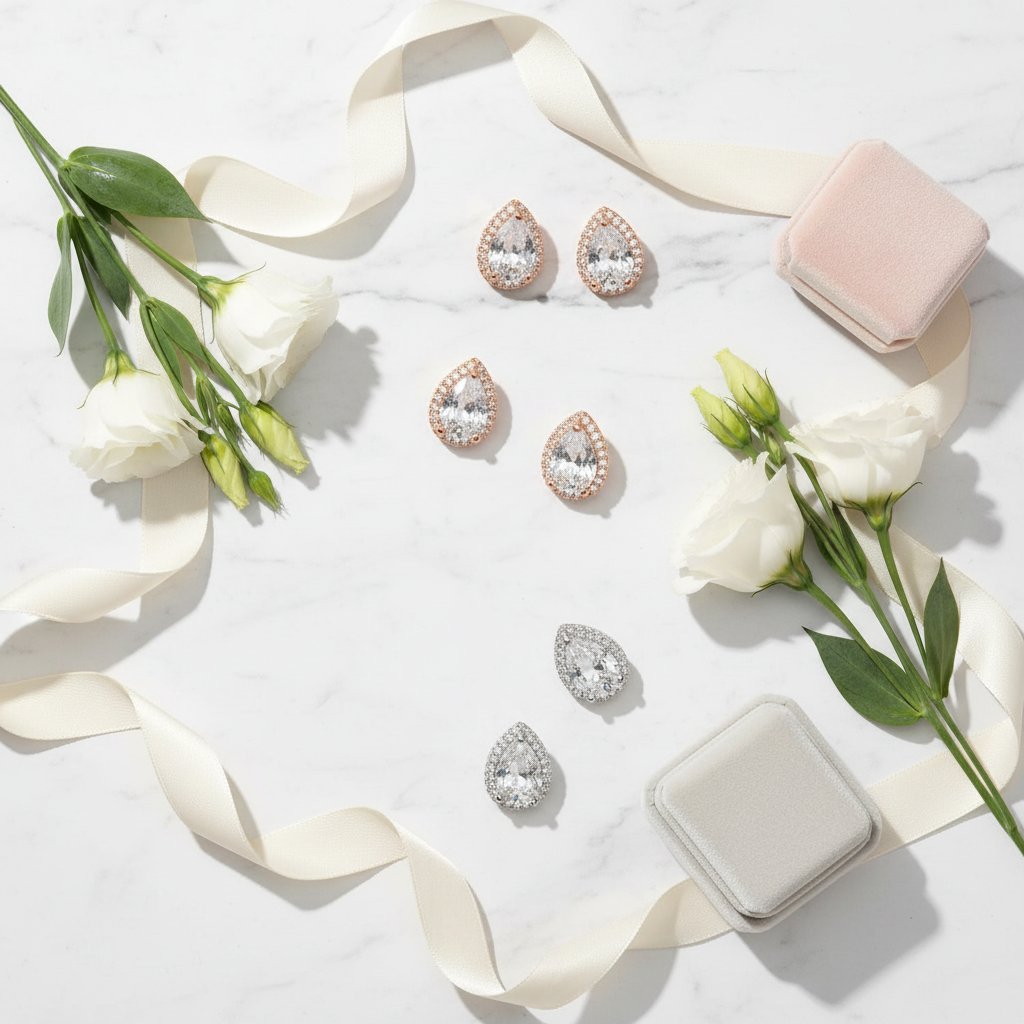 Pear-shaped CZ halo stud earrings in rose gold and white gold plated finishes styled with white flowers and ribbon on white background
