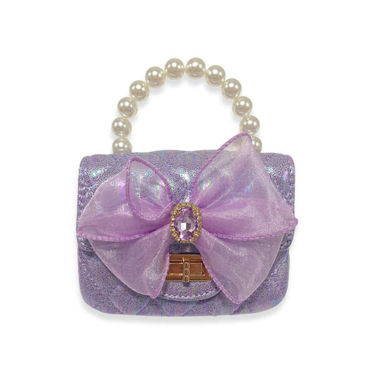 Purple quilted mini purse with pearl handle, organza bow, and jewel embellishment for girls
