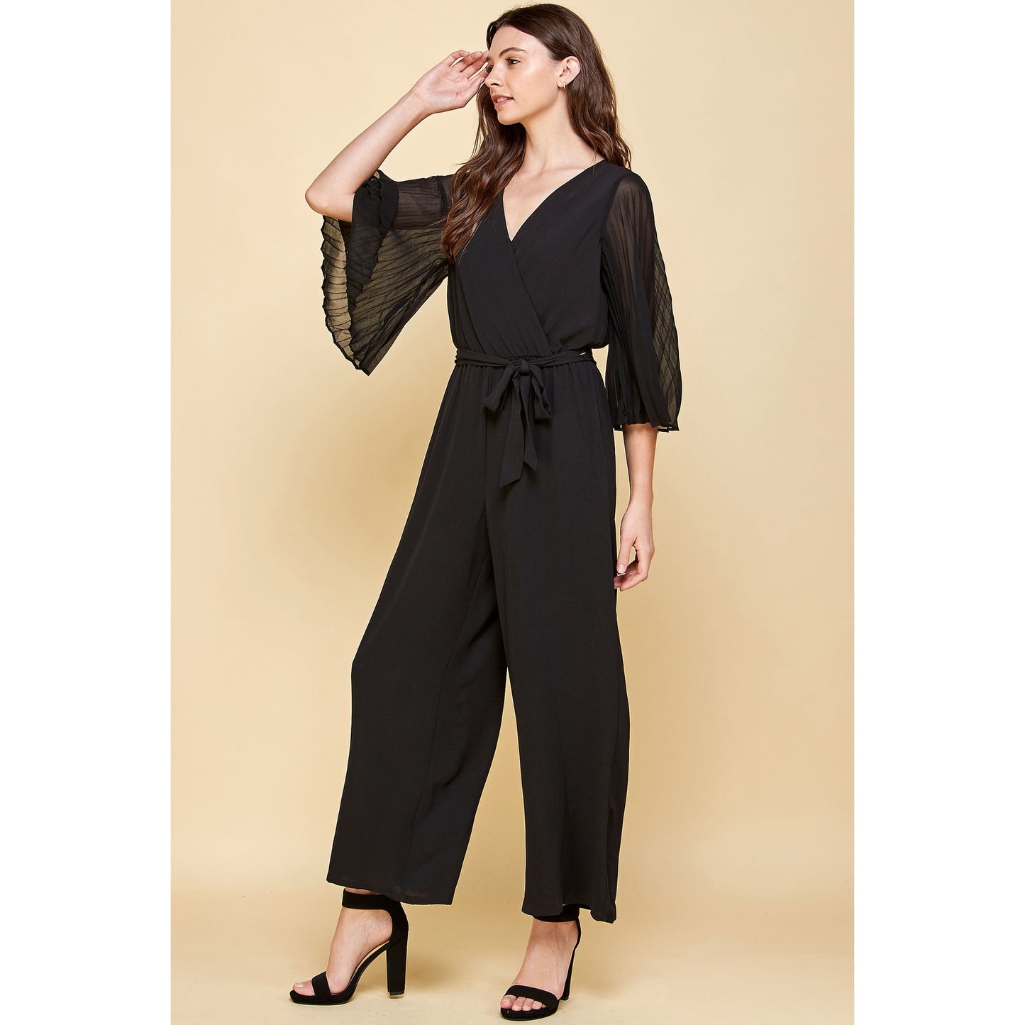 Woven V-Neck Chiffon Pleated Sleeves Jumpsuit