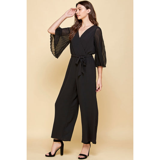 Woven V-Neck Chiffon Pleated Sleeves Jumpsuit