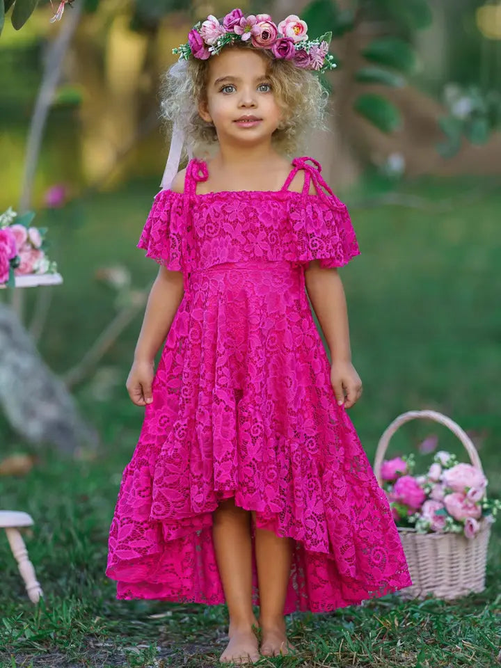 Girls' Pink Floral Lace Hi Lo Cold Shoulder Maxi