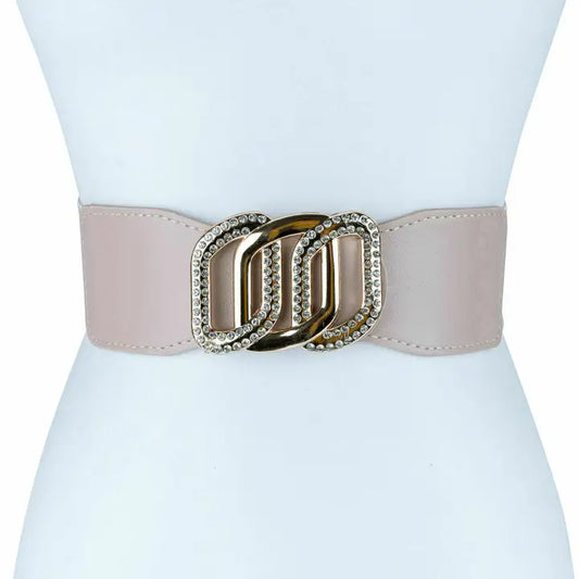 Triple Buckle Faux Leather Patch Stretch Belt