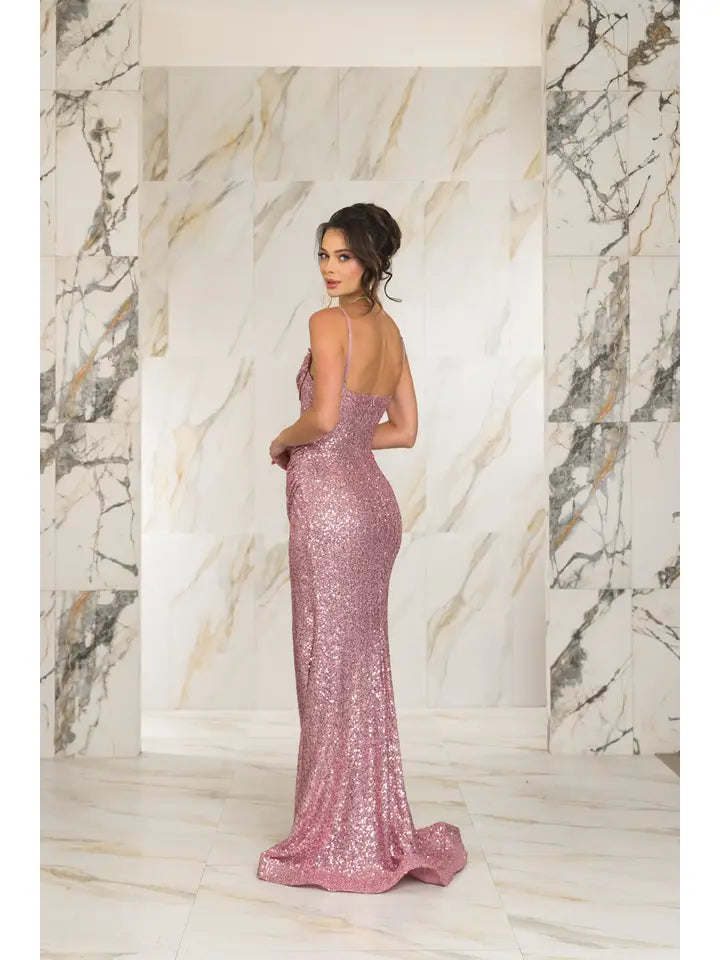 Spaghetti Strap Drape Neck Sequin Gown