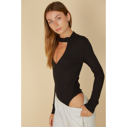 Deep V Choker Neck Long Sleeve Ribbed Bodysuit – Black