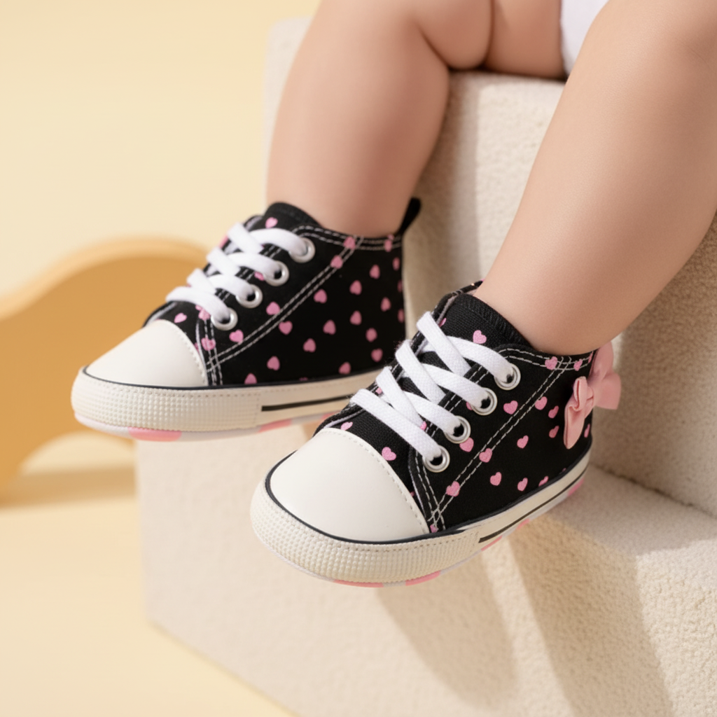 Baby Black Canvas Sneakers with Pink Hearts and Bow